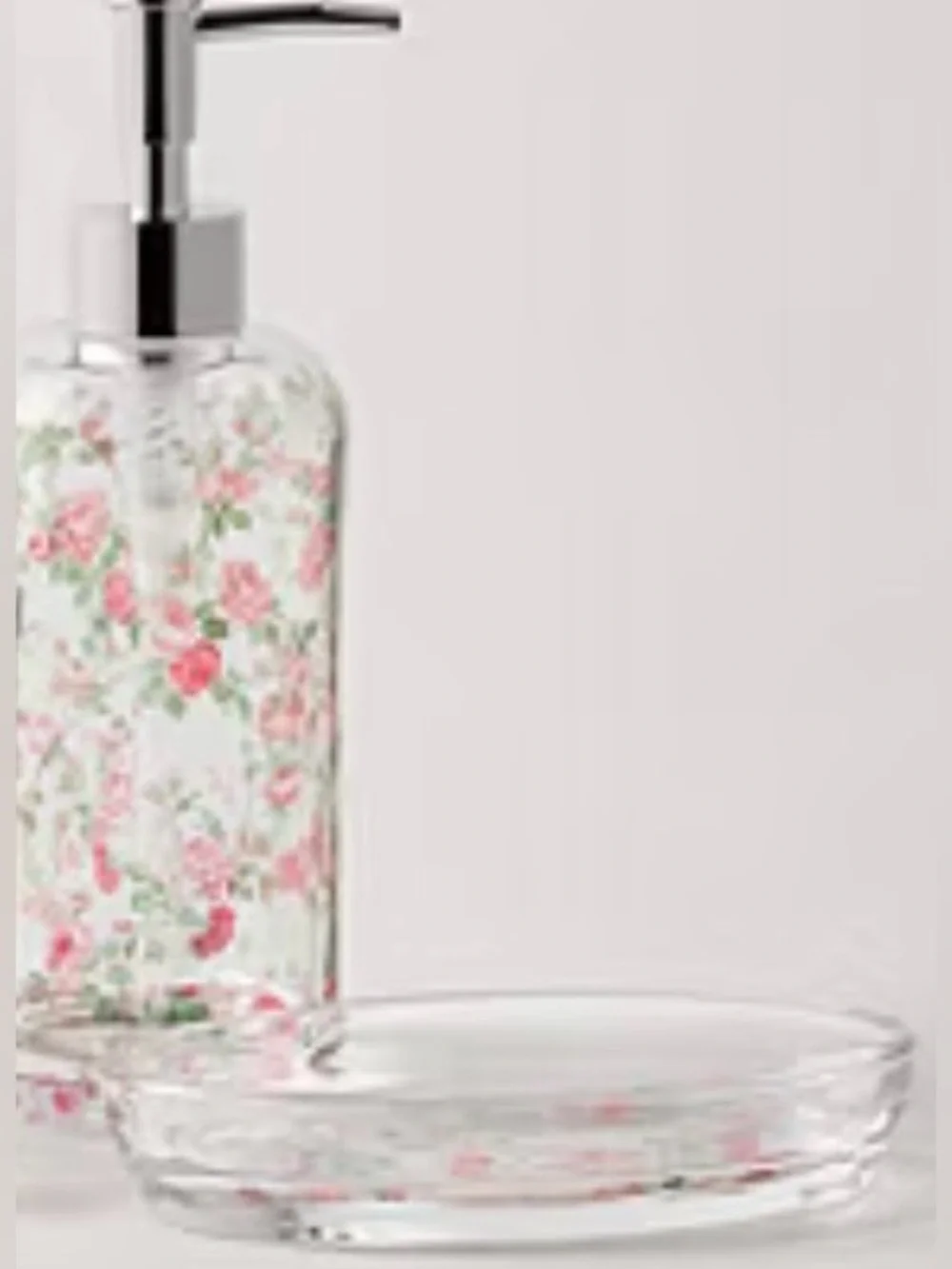 Laura Ashley Pink Floral Glass Pump Dispenser and Soap Dish Set - Picture 2 of 3
